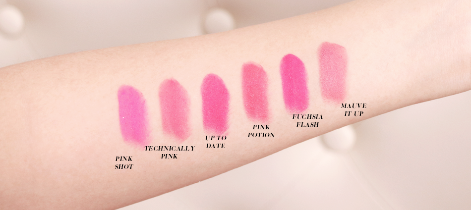 maybelline-powder-mattes-lipstick-swatches-review-photos-price pink shot, technically pink, up to date, pink potion, fuchsia flash, mauve it up