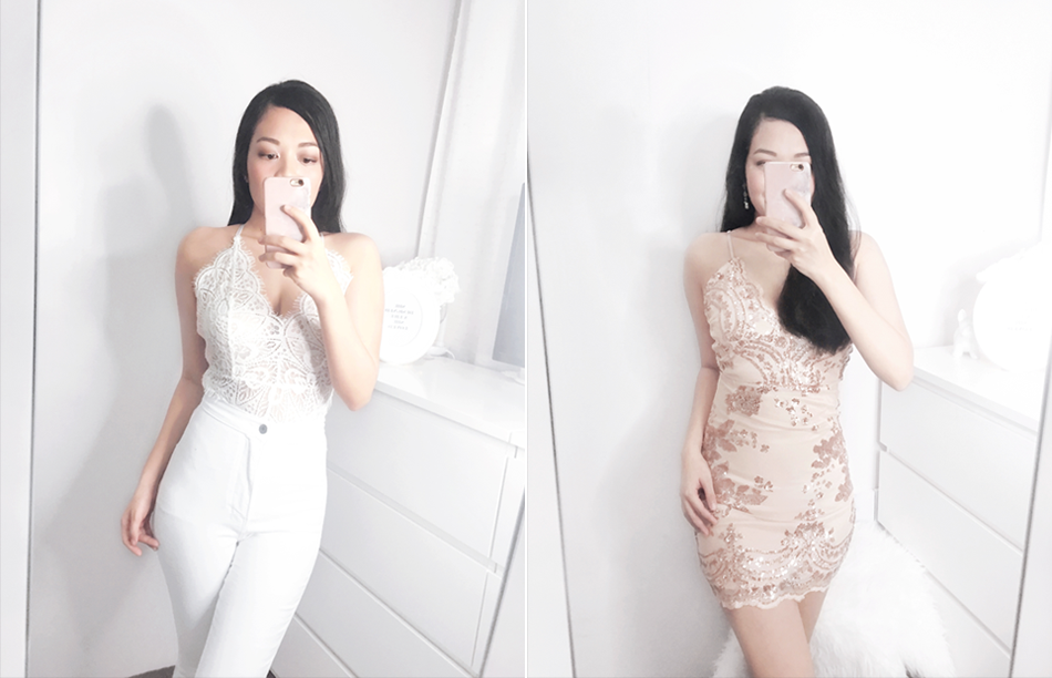 shayne-naidas-yoins-white-lace-bodysuit-try-on-and-rosegold-sequin-dress